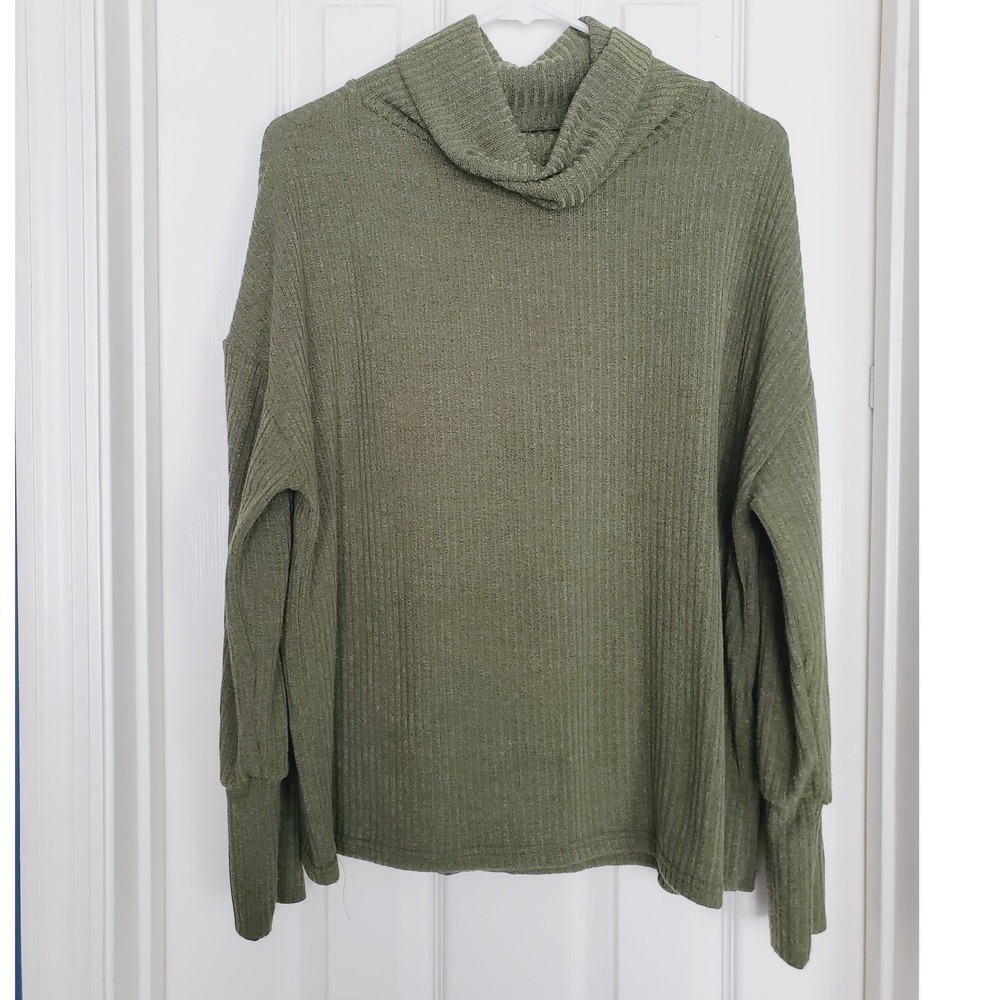 Lightweight‎ Cotton Blend Turtleneck Sweater Green Ribbed Knit Button Cuff 3XL